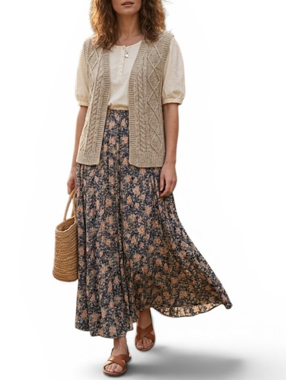 Vintage Clio Vintage Floral Crinkle Broomstick Maxi Skirt Multicolor M